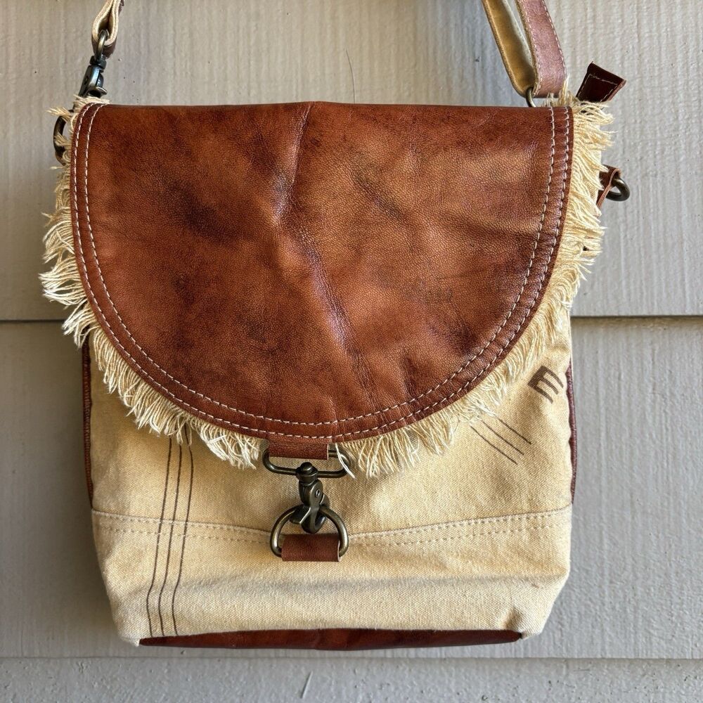 Vintage canvas leather postal messenger crossbody bag fringe trim boho - Picture 2 of 8